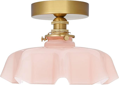 9.4in Vintage Pink Flush Mount Ceiling Light Fixture - Brass Semi Flush Mount Lighting with Flower Glass Shade for Closet, Small Rooms - Compact Indoor Light for Hallway Entryway Porch, Bulb Not
