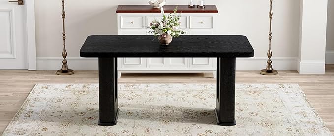 64.5 x 35.4 Inch Modern Black Wood Textured Dining Table with Glass Accent, MDF Top, Anti-Slip Feet for Kitchen, Studio, Family Gatherings