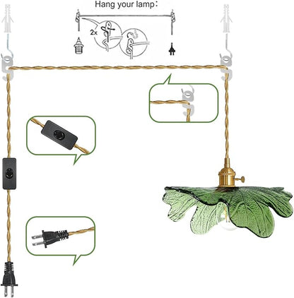 Plug in Pendant Light Green Glass Pendant Lighting 14.75ft Hanging Light with Plug in Cord 1-Light Hand Blown Brass Pendant Light Plug in Hanging Lamp for Kitchen Bedroom Living Dining Room