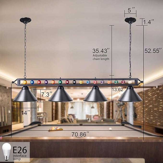 Wellmet 4 Lights Pool Table Light, 70inch Billiard Lighting Fixture with Lamp Shades for Pool Billiard Table, Industrial Hanging Pendant Light Chandelier for Game Room, Kitchen, Dining Room