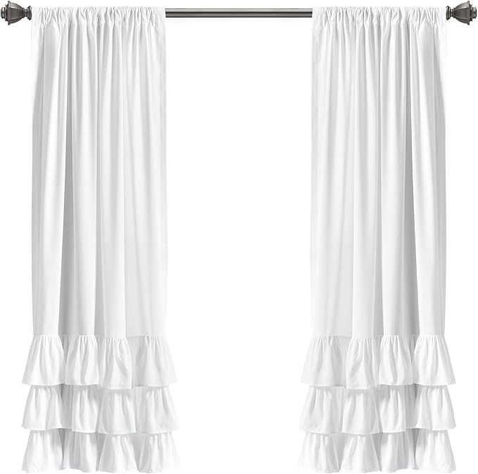Lush Decor Allison Ruffle Light Filtering Window Curtain Panels Pair 40" W x 63" L White - Coquette Curtains for Bedroom - Drapes - Ruffle Curtains Kids