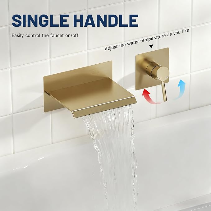 BWE Wall Mount Bathtub Faucet Brushed Gold Single Handle Modern Bathtub Faucet with Rough in Valve High Flow Filler Waterfall Tub Spout