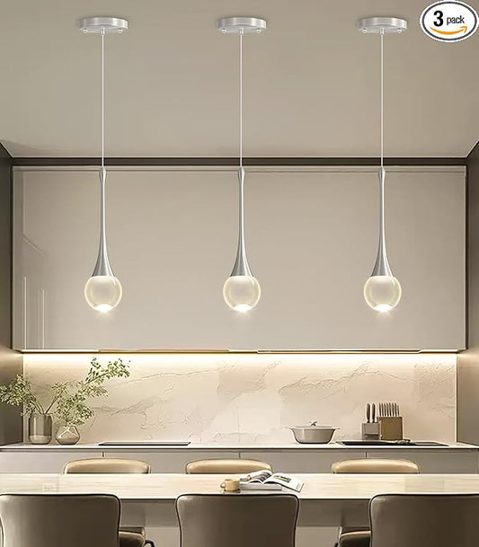 Modern Kitchen Island Pendant Lights Dimmable LED Crystal Chandelier Hanging Pendant Chandelier Silver 3 Pack