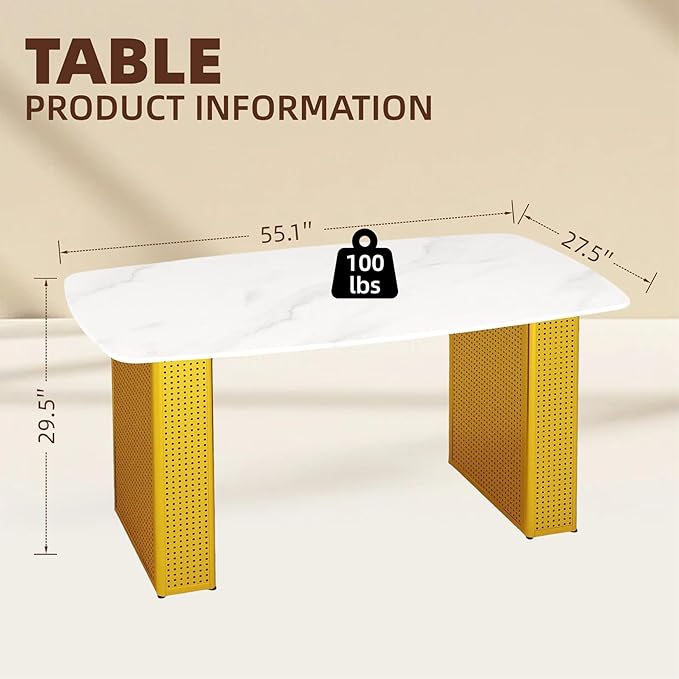 Contemporary Gold Dining Table with Marble Look Glass Top, Unique Rectangular Design, Dual Base Metal Frame, Stable & Stylish 6-8 Person Kitchen Table, Perfect for Modern Dining Room or Office Space