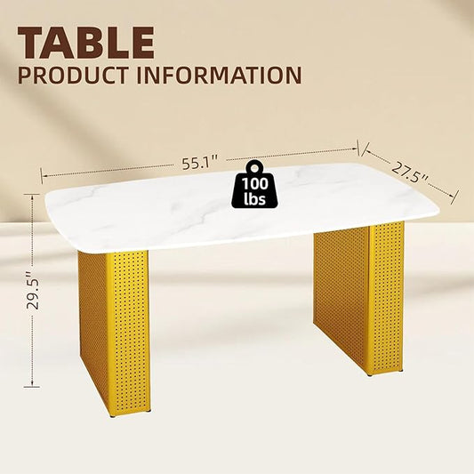 Contemporary Gold Dining Table with Marble Look Glass Top, Unique Rectangular Design, Dual Base Metal Frame, Stable & Stylish 6-8 Person Kitchen Table, Perfect for Modern Dining Room or Office Space