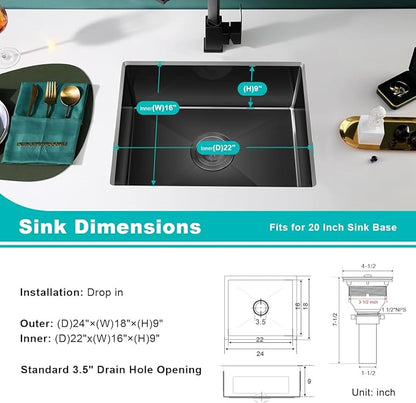 24x18 Inch Undermount Kitchen Sink Nano Black,18 Gauge Stainless Steel Single Bowl Kitchen Sink 9 Inch Deep Bowl Sink Undermount, 24"x18"x9"