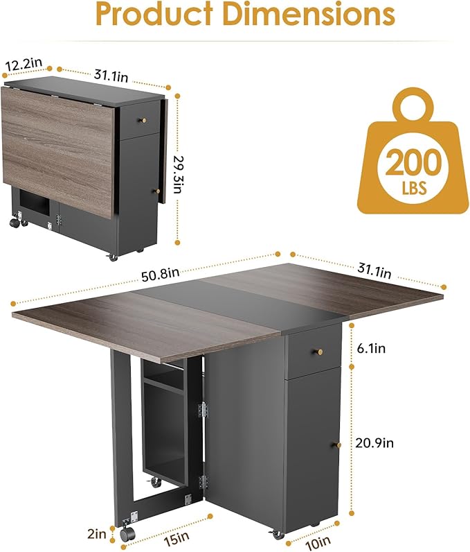 LotFun Folding Dining Table with 2 Storage Racks, Space Saving Dining Table with 6 Wheels, Kitchen Table for Small Spaces