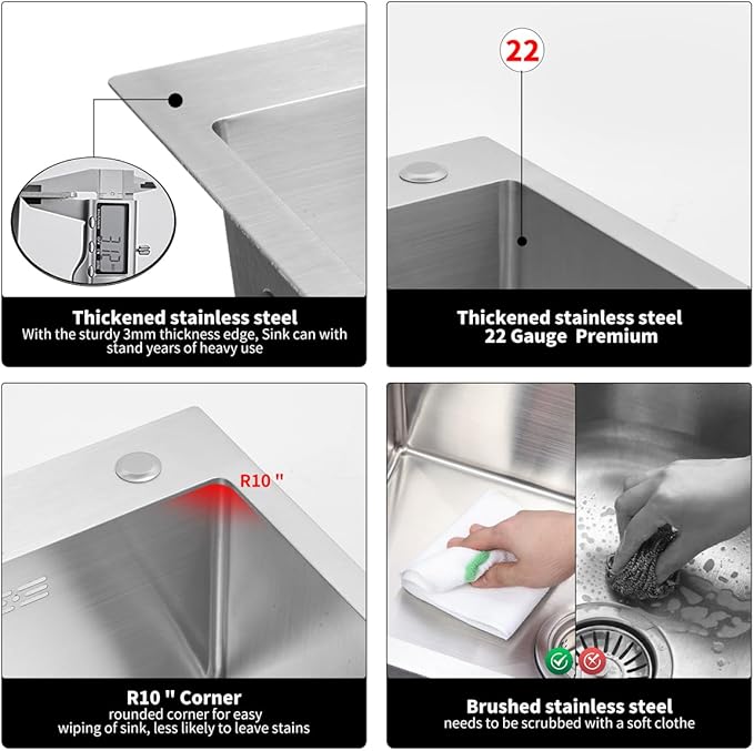 30 inch Kitchen Sink Drop in Stainless Steel Top Mount Sink with Brushed Finish, Single Bowl Workstation Sink with Basket Strainer and Kitchen Sink Caddy Organizer 29.5"D x17.7"W x 8.3"H