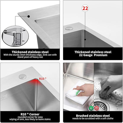 30 inch Kitchen Sink Drop in Stainless Steel Top Mount Sink with Brushed Finish, Single Bowl Workstation Sink with Basket Strainer and Kitchen Sink Caddy Organizer 29.5"D x17.7"W x 8.3"H