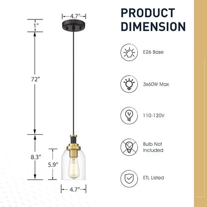 zeyu Modern Gold Pendant Light, 1-Light Glass Hanging Light for Kitchen Dining Room, Clear Glass Shade, Black and Gold Finish, ZG33M1L BK+BG
