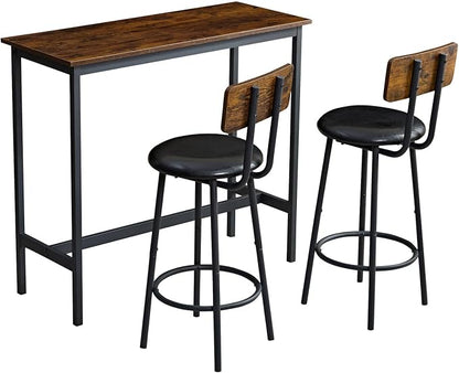 3 Piece High Top Table Set Kitchen Bar Table and Bar stools Set for 2, Island Dining Table and Tall barstools,Counter Height Pub Small Table Set, Industrial, Rustic Brown