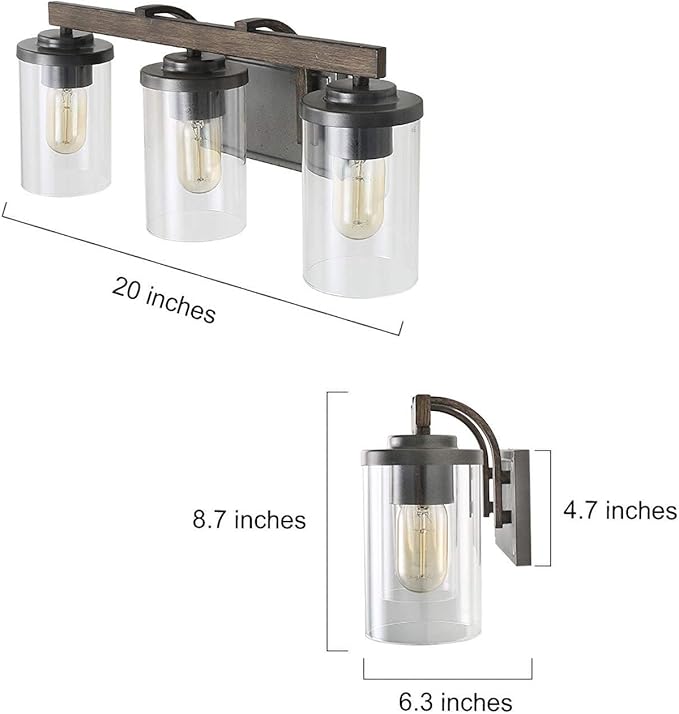 LALUZ Bathroom Vanity Light Fixtures, 3-Light Farmhouse Vanity Light with Clear Glass Shades, Faux Wood, 20’’ L x 6.3’’ W x 8.7’’ H