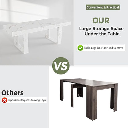 STHOUYN White Marble Extendable Dining Room Table for 8 10, 70.9" (86.6") x 31.5", Rectangle Dinner Table for 6-10, Modern Expandable Retractable Kitchen Table (White)