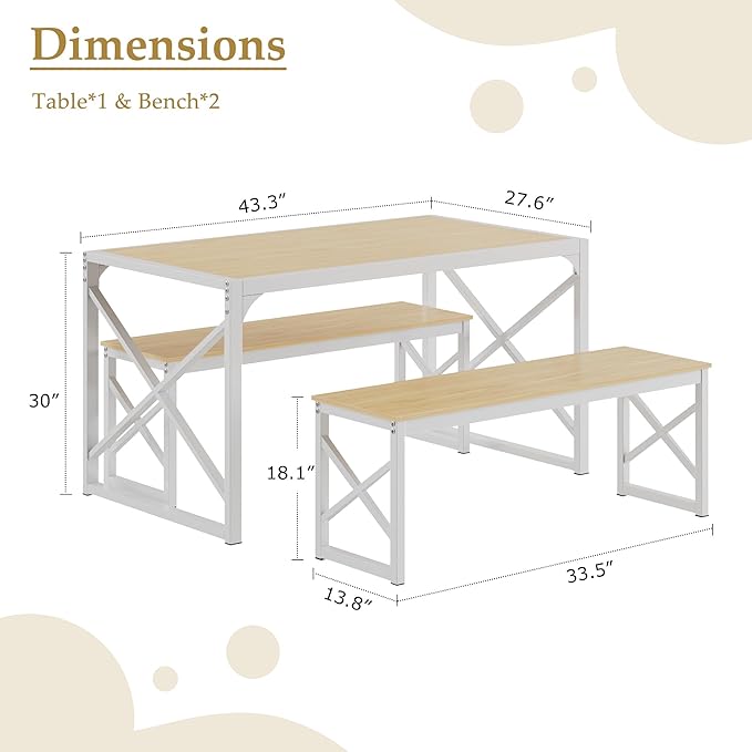 VECELO Kitchen Dining Table Benches Set for 4/6, 55" Wooden Dinette with 2 Benches, Large Embedded Desktop for Small Space, Breakfast Nook, Natural Oak