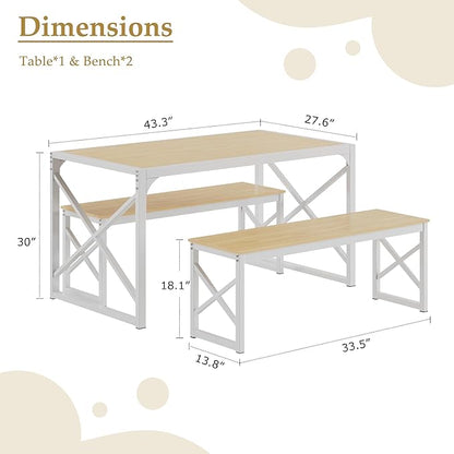 VECELO Kitchen Dining Table Benches Set for 4/6, 55" Wooden Dinette with 2 Benches, Large Embedded Desktop for Small Space, Breakfast Nook, Natural Oak