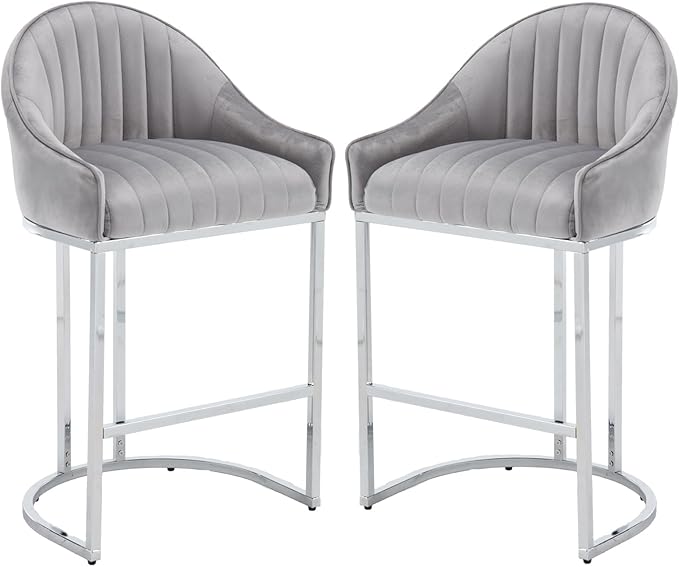Bar Stools Set of 2, Simple Modern Style, with Velvet upholstered Back Sliver Metal Legs Footrest for Bar, Living Room, Side Chair of Kitchen Island (Grey)