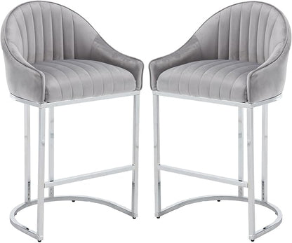 Bar Stools Set of 2, Simple Modern Style, with Velvet upholstered Back Sliver Metal Legs Footrest for Bar, Living Room, Side Chair of Kitchen Island (Grey)