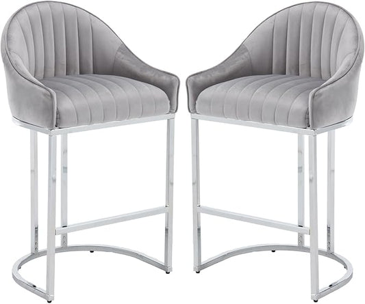 Bar Stools Set of 2, Simple Modern Style, with Velvet upholstered Back Sliver Metal Legs Footrest for Bar, Living Room, Side Chair of Kitchen Island (Grey)