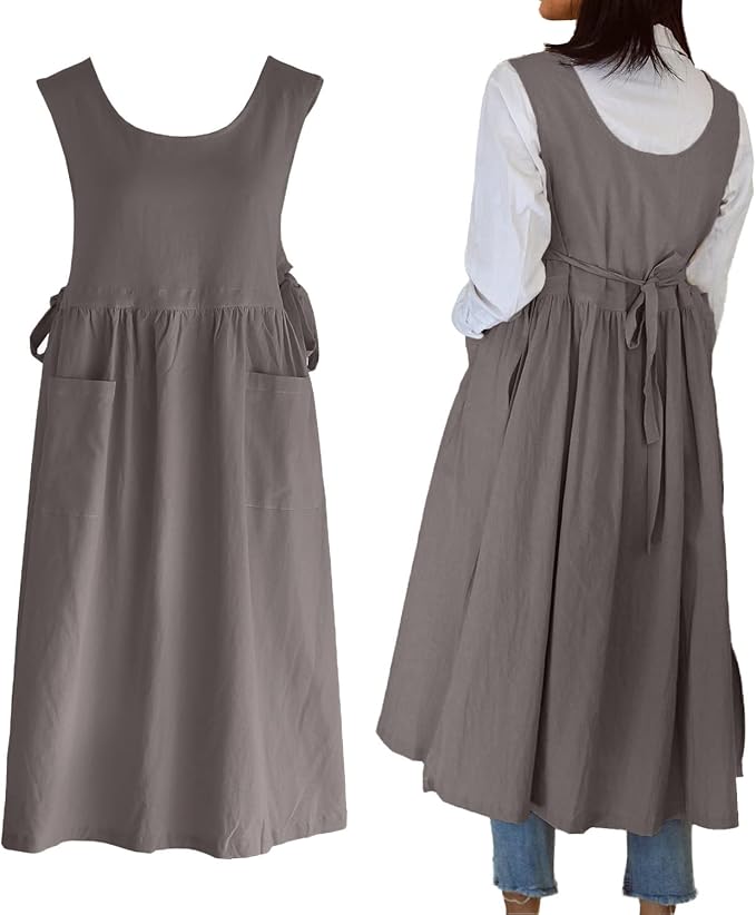 Women Plus Size Cotton Linen Vintage Pleated Split Apron Pinafore Dress with Two Pockets