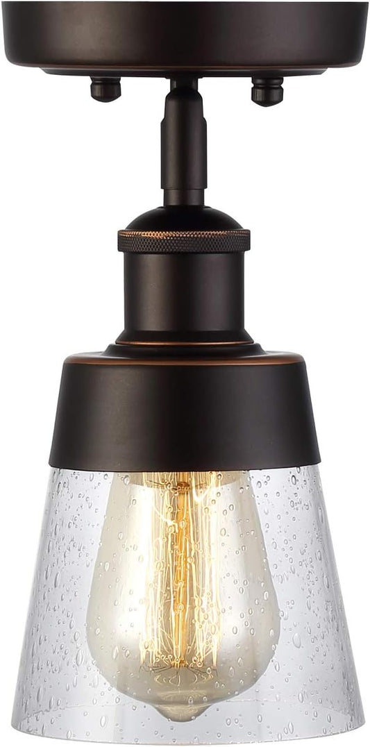 Fivess Lighting Rustic Glass Flush Mount Light Fixture Mini Clear Seeded Glass Shade Semi Flush Mount Ceiling Light for Hallway Farmhouse Kitchen Entryway, Oil Rubbed Bronze