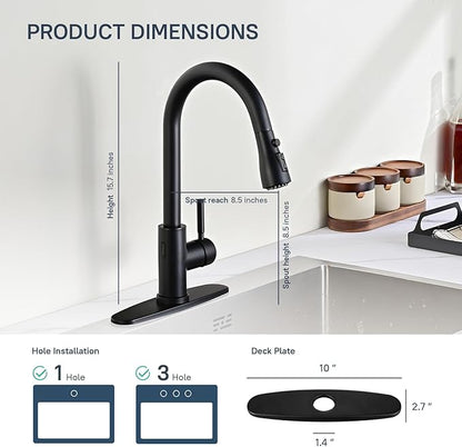 Arofa Black Touchless Bathroom Faucets, Kitchen Faucet with Pull Down Sprayer, Smart Motion Sensor Kitchen Sink Faucet, Stainless Steel Single Handle Kitchen Faucet, Matte Black