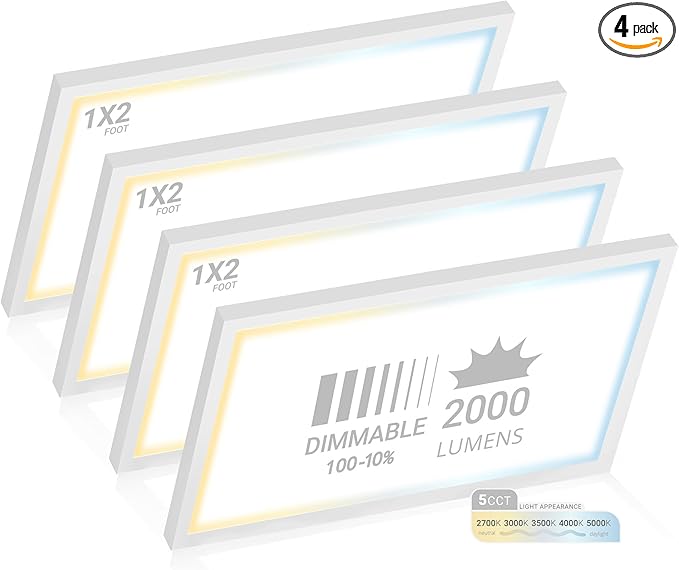 NUWATT 4 Pack, 1x2 LED Flat Panel Light Surface Mount, 5CCT 2700K/3000K/3500K/4000K/5000K Selectable, 2000LM, 22W, Internal Driver, Dimmable, 120V, 1x2 FT Ultra-Thin Ceiling Light Fixture, 1" Thick