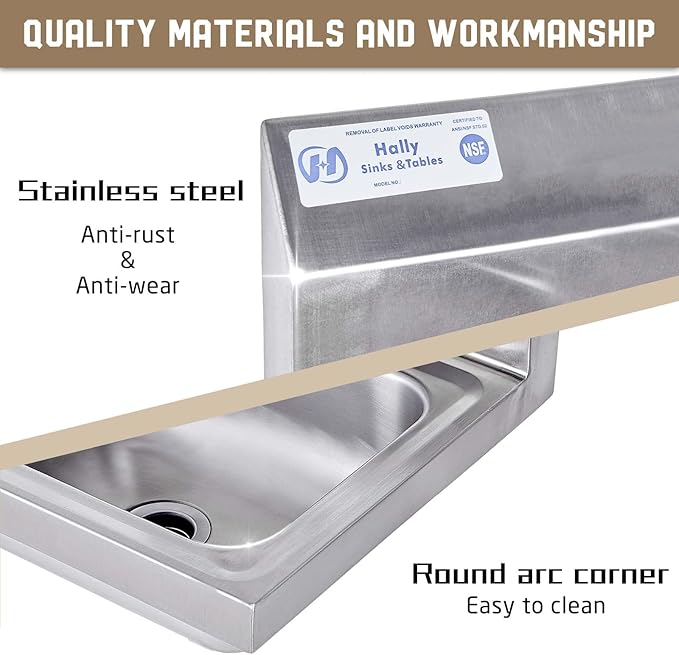 HALLY Stainless Steel Sink for Washing with Faucet, NSF Commercial Wall Mount Hand Basin for Restaurant, Kitchen and Home, 17 x 15 Inches