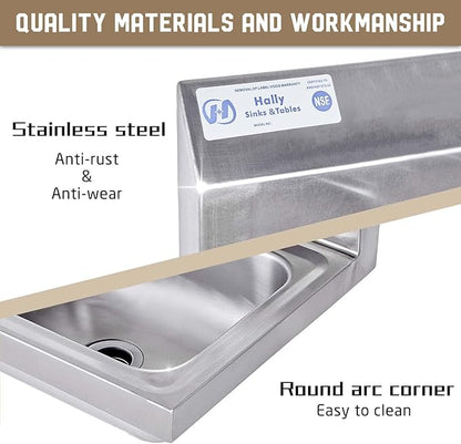 HALLY Stainless Steel Sink for Washing with Faucet, NSF Commercial Wall Mount Hand Basin for Restaurant, Kitchen and Home, 17 x 15 Inches