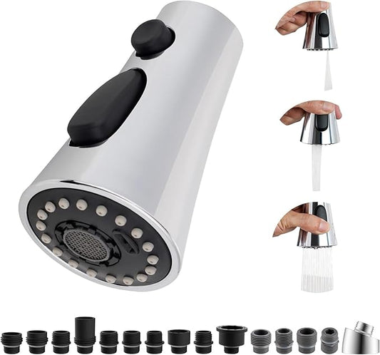 Hibbent Kitchen Sink Faucet Head Replacement, NSF/ANSI/CAN 61 & CUPC Certified, 3-Function Pull Down Sprayer Nozzle with 15 Adapters, Compatible with Delta, Kohler, Moen Faucets, Chrome (Silver)