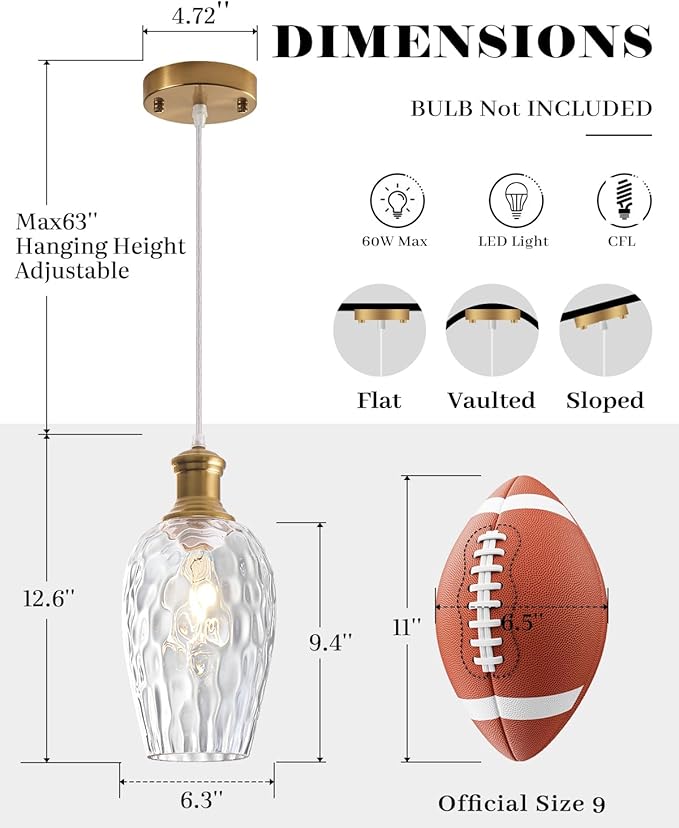 Gold Pendant Lights Kitchen Island, 6.3” Blown Hammered Glass Pendant Lights, Vintage Clear Glass Pendant Light 2-Pack, Modern Pendant Light for Kitchen Island, Dining Room, Bathroom，Cafe