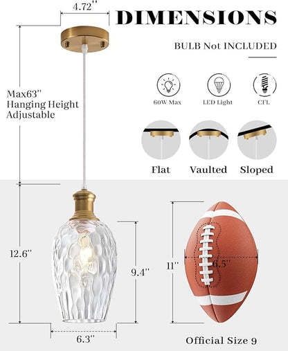 Gold Pendant Lights Kitchen Island, 6.3”Clear Hammered Glass Pendant Lights, Blown Glass Farmhouse Pendant Light 1-Pack, Kitchen Hanging Light for Kitchen Island, Living Room, Cafe