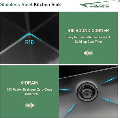 33x22 Black Drop In Kitchen Sink with Faucet Combo16 Gauge Stainless Steel Single Bowl Kitchen Sink Large Deep Round Corner Handmade Topmount Overmount Basin Kitchen Sinks
