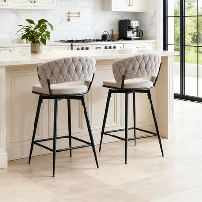Set of 2 Swivel Bar Stools with Breathable Linen Cushions Light Gray Seat Black Iron Frame, Counter Height Stools for Kitchen Island, Dining or Pub