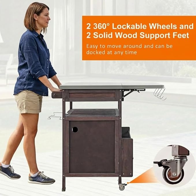 Casaphoria 40.5" Outdoor BBQ Grill Cart, tainless Steel Top Rolling Outdoor Kitchen Cart, Flip Board, Fir Wood Bar Carts with Towel Holder, Lockable Wheels for Patio Lawn Garden,Brown