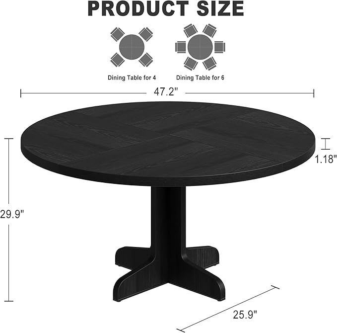 Garvee 47 in Round Dining Table for 4, Farmhouse Kitchen Dining Room Circle Dinner Table, Kitchen Dining Room Furniture, Black (Table Only)