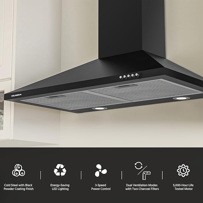 Range Hood 30 inch, 450 CFM Wall Mount Kitchen Hood in Cold Steel with Black Powder Coating Finish, LED Lighting, 3 Speed Exhaust Fan, Ducted/Ductless Convertible (Charcoal Filters Included)