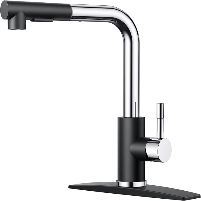 FORIOUS Kitchen Faucets with Pull Down Sprayer, Stainless Steel Single Handle Classic Pull Out Sink Faucet for Farmhouse Laundry RV Bar, with Deck Plate for 1 or 3 Holes, Black Chrome