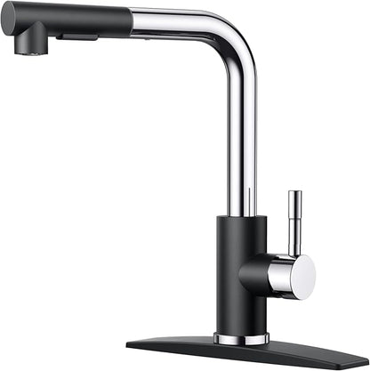 FORIOUS Kitchen Faucets with Pull Down Sprayer, Stainless Steel Single Handle Classic Pull Out Sink Faucet for Farmhouse Laundry RV Bar, with Deck Plate for 1 or 3 Holes, Black Chrome