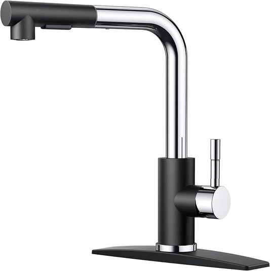 FORIOUS Kitchen Faucets with Pull Down Sprayer, Stainless Steel Single Handle Classic Pull Out Sink Faucet for Farmhouse Laundry RV Bar, with Deck Plate for 1 or 3 Holes, Black Chrome