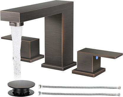Cobbe Bathroom Faucets for Sink 3 Hole, Oil Rubbed Bronze Bathroom Sink Faucet Square 8 inch Widespread with Pop-Up Drain, 2 Handle and Supply Hoses, Lead-Free Stainless Steel for Vanity Rv, Farmhouse