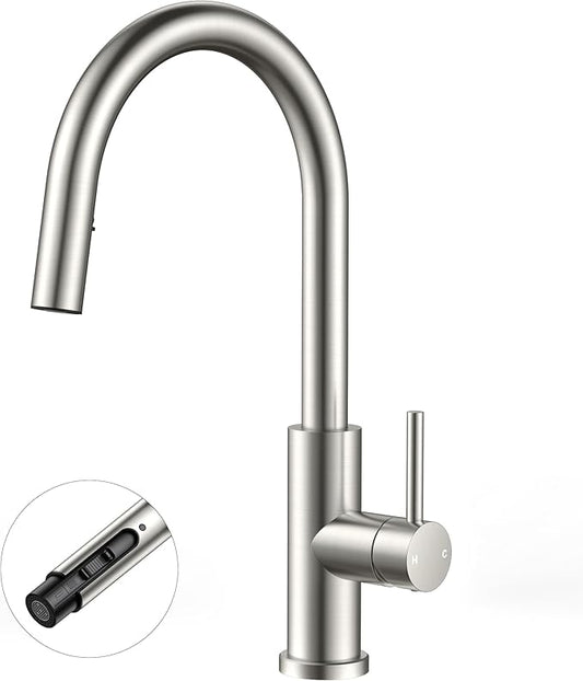FORIOUS Kitchen Faucets with Pull Down Sprayer, Brushed Nickel Single Handle Stainless Steel High Arc Kitchen Sink Faucet with Deck Plate, Transitional Single Hole Faucet for Bar RV Outdoor Laundry