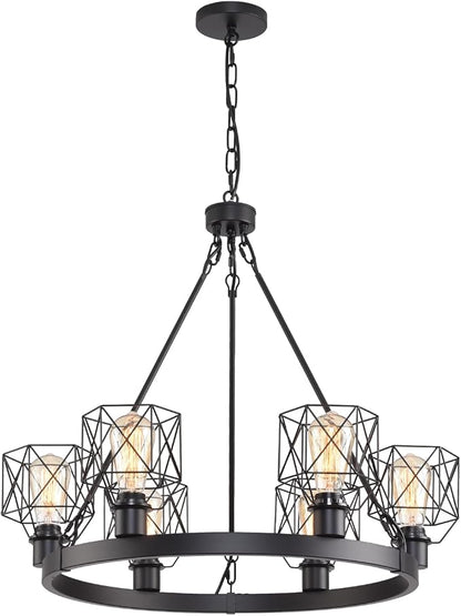 Wagon Wheel Chandelier Modern Farmhouse Pendant Light,Black Farmhouse Chandelier, 6-Light Wagon Wheel Chandelier with Adjustable Height, Dining Room Light Fixture, Hanging Lights
