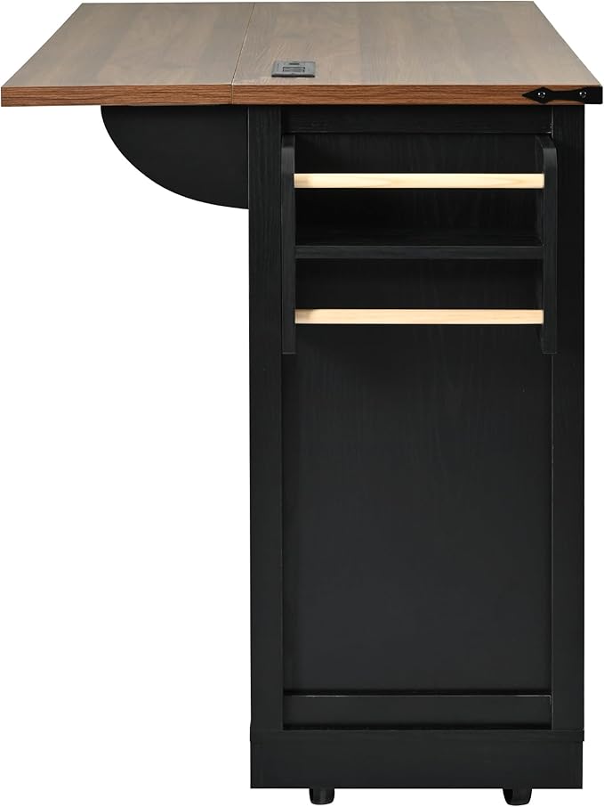 Bellemave 53.7" Farmhouse Kitchen Island cart with Charging Station, Rolling Kitchen Island Table with Drop-Leaf, 3 Drawers, Barn Doors, Large, Black