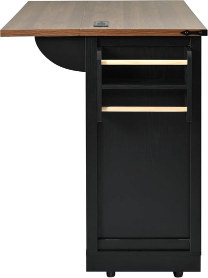 YOPTO Farmhouse Kitchen Island Cart With Power Outlet & 2 Sliding Barn Doors, Rolling Storage Island W/Drop Leaf Spice Rack and 5 Universal Wheels, for Home and Dining Room, Black, 53.7"