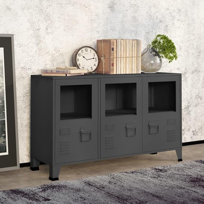 Anthracite Metal Sideboard, Rectangular Storage Cabinet, 41.3" Living Room Buffet, Matte Finish, 3-Door, Industrial Design Furniture for Home Kitchen Furnitur