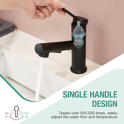 Faustina Matte Black Bathroom Faucet with Pull Out Sprayer, Bathroom Sink Faucet for Vanity or Laundry, Stainless Steel 1 Handle with Deck Plate for 1 or 3 Hole