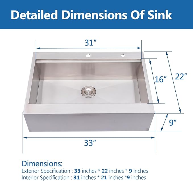33 Farmhouse Sink, Drop In Stainless Steel Apron Front Farm Sink 33x22x9 Single Bowl 16 Gauge with Accessories