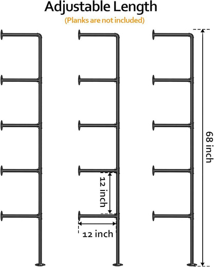Pynsseu Industrial Iron Pipe Shelf Wall Mount, Farmhouse DIY Open Bookshelf, Pipe Shelves for Kitchen Bathroom, bookcases Living Room Storage, 3Pack of 5 Tier.