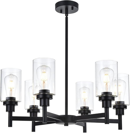 VINLUZ 6 Light Industrial Chandelier Black Pendant Lighting Hanging Fixture with Cylinder Clear Glass for Kitchen Bedroom Dining Room