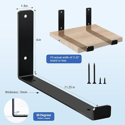4 Pack - 11.25" L x 6" H x 1.5" W J Lip Shelf Brackets Rustic Farmhouse Iron Wall Floating Shelf Bracket Metal Shelf Bracket Industrial Shelf Supports with Screws Black